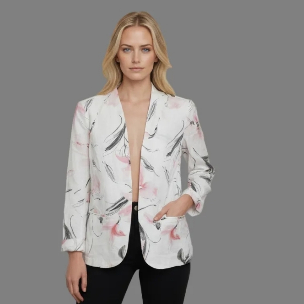 Peck & Peck White Floral Linen Blazer with Pink and Black Accents Size Large